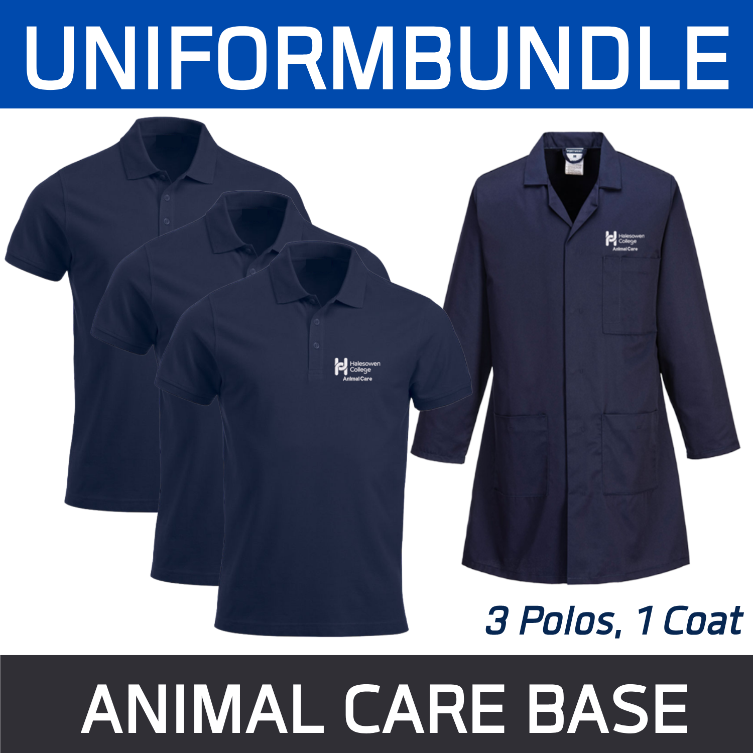 Bundle set of 3 Animal Care Poloshirts and 1 Lab Coat