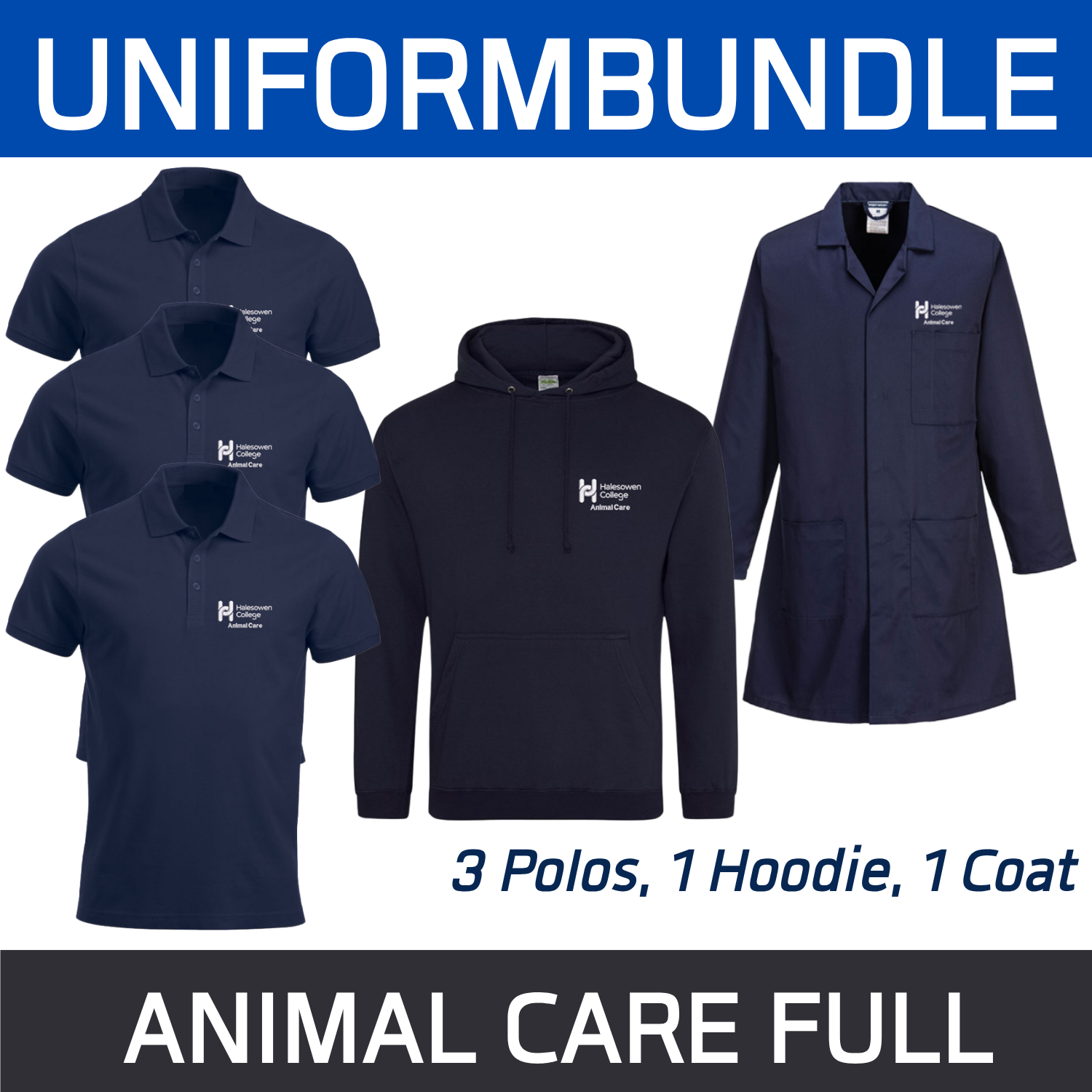 Bundle set of 3 Animal Care Poloshirts, 1 Hoodie and 1 Lab Coat