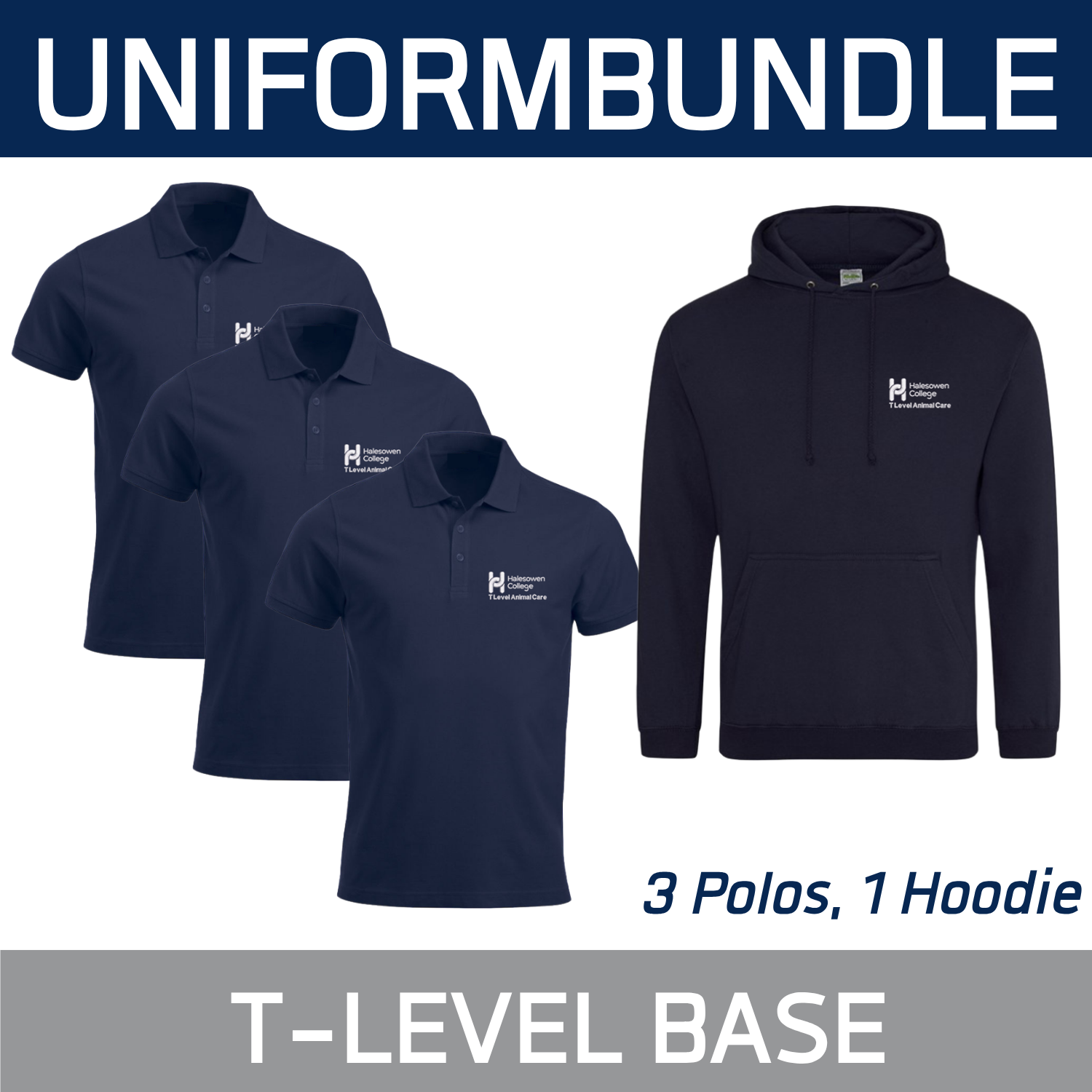 Bundle set of 3 Animal Care T Level Poloshirts and 1 Hoodie